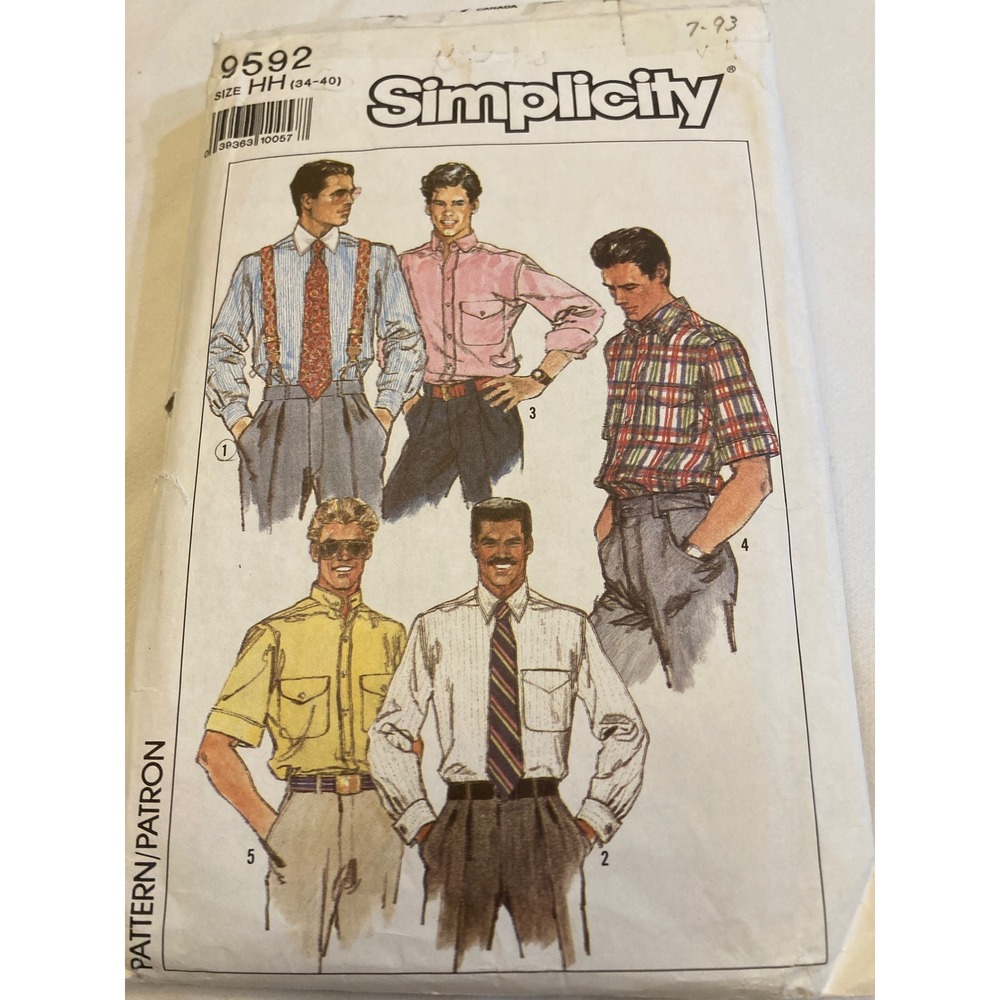 Vintage Simplicity 9592 Mens Shirt Sewing Pattern Size HH 34-40 1989 80s Retro